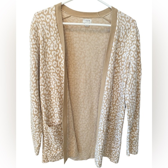 J. Crew Leopard Print Cardigan Women's Small Tan & White Pockets Preppy Coastal - Picture 1 of 8